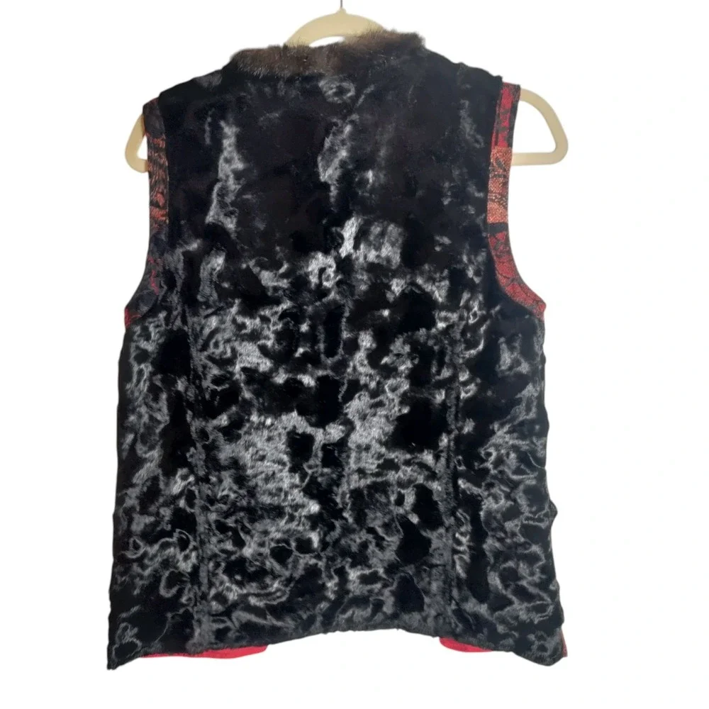 Chicos‎ Vest Womens 1 Medium Black Faux Fur Collar Asian Jacquard Art to Wear